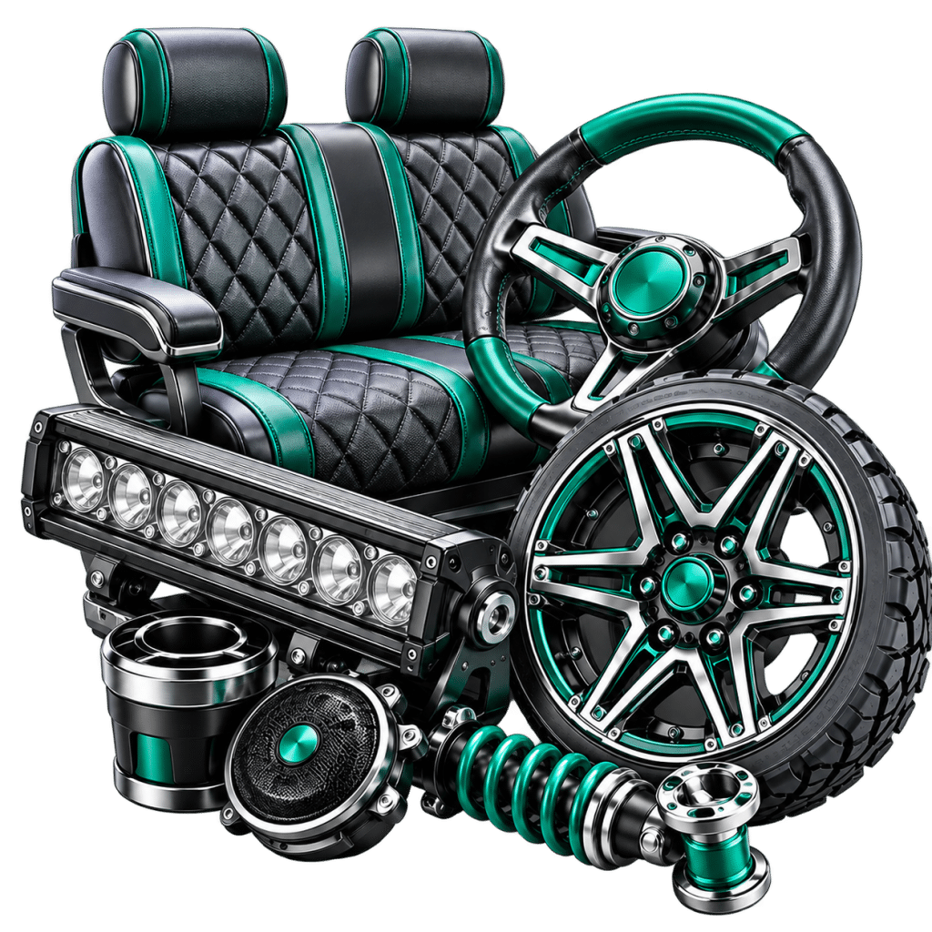 Custom golf cart accessories and parts displayed, including seats, steering wheel, wheels, speakers, and lighting,