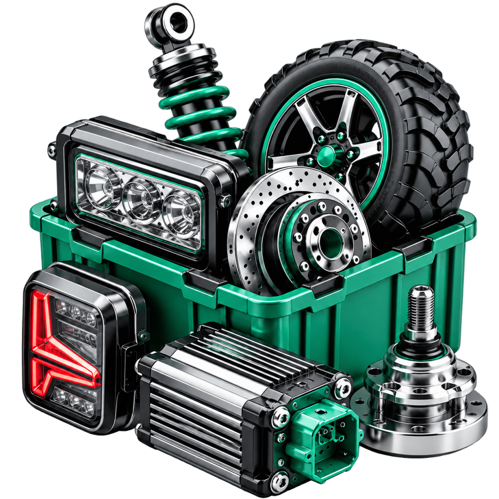 Golf cart parts for sale, including tires, suspension components, headlights, brakes, and electrical parts, available