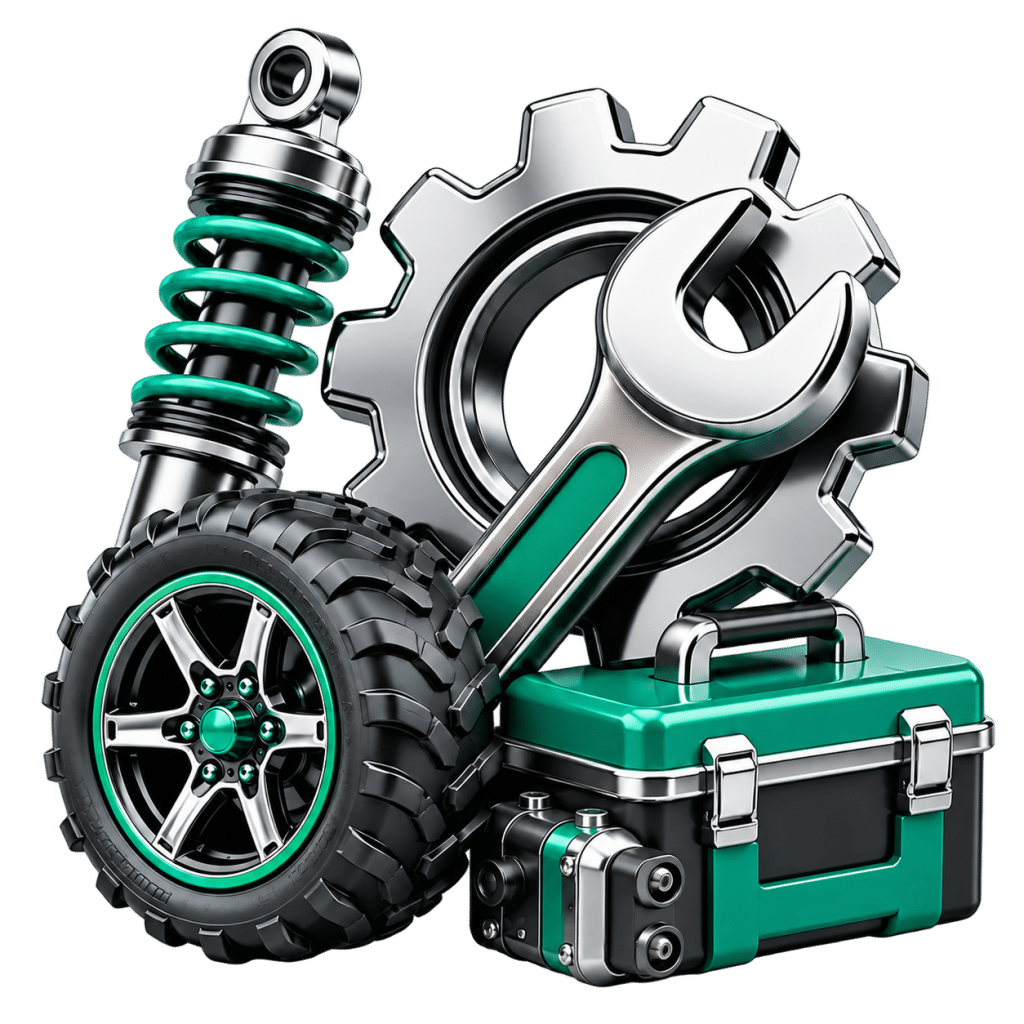 Golf cart service and repair components, including a tire, suspension, wrench, and toolbox, representing maintenance