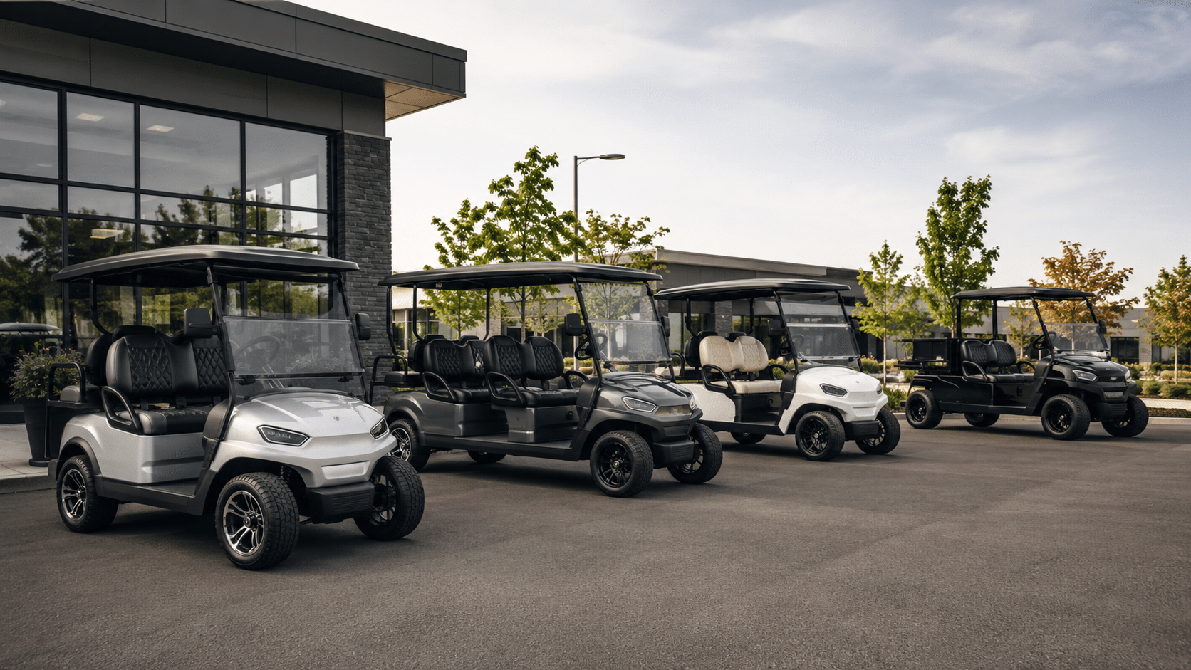 Fleet of golf carts parked outside the Golf Carts Atlanta showroom