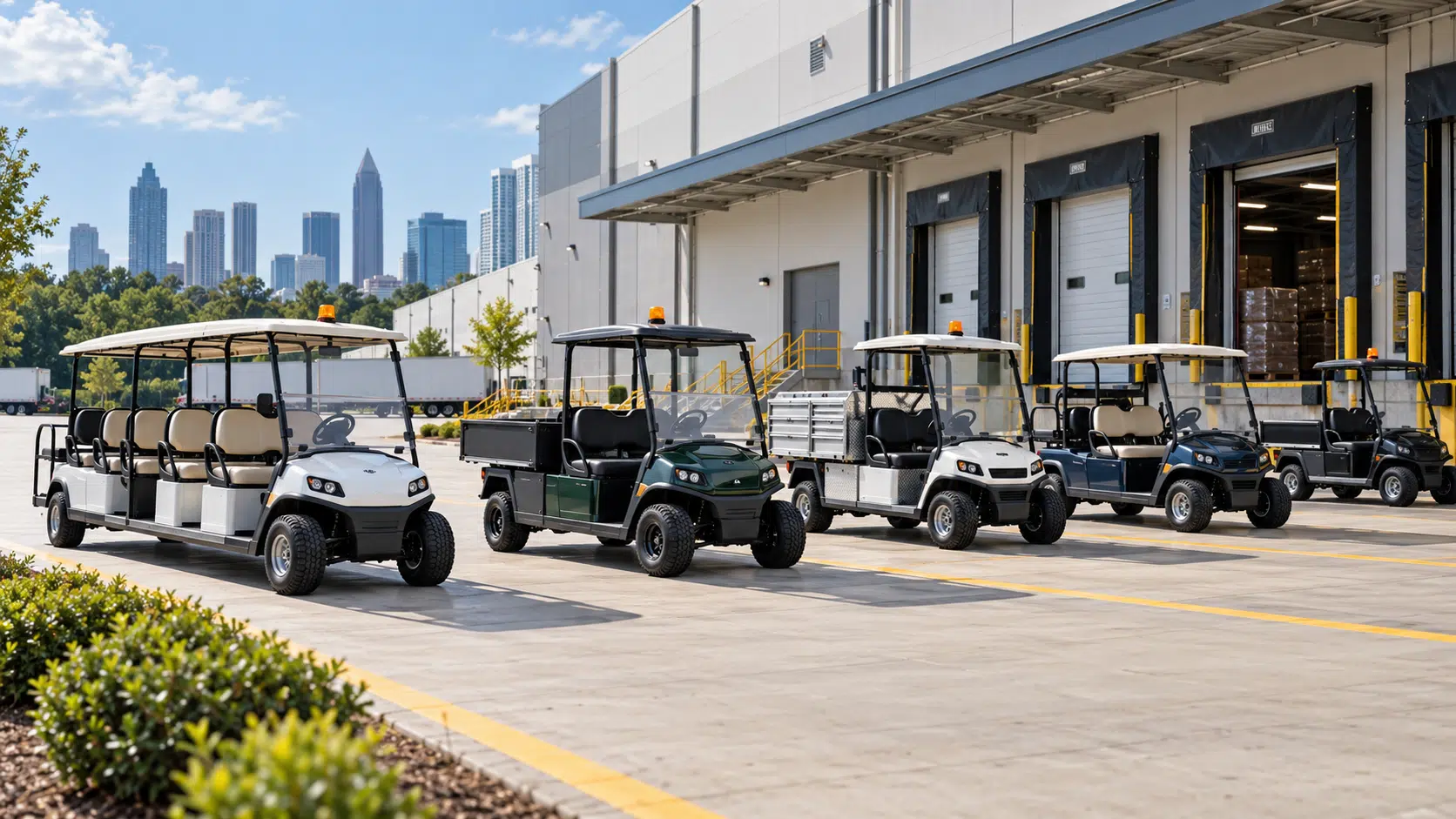 Fleet and utility golf carts at a warehouse
