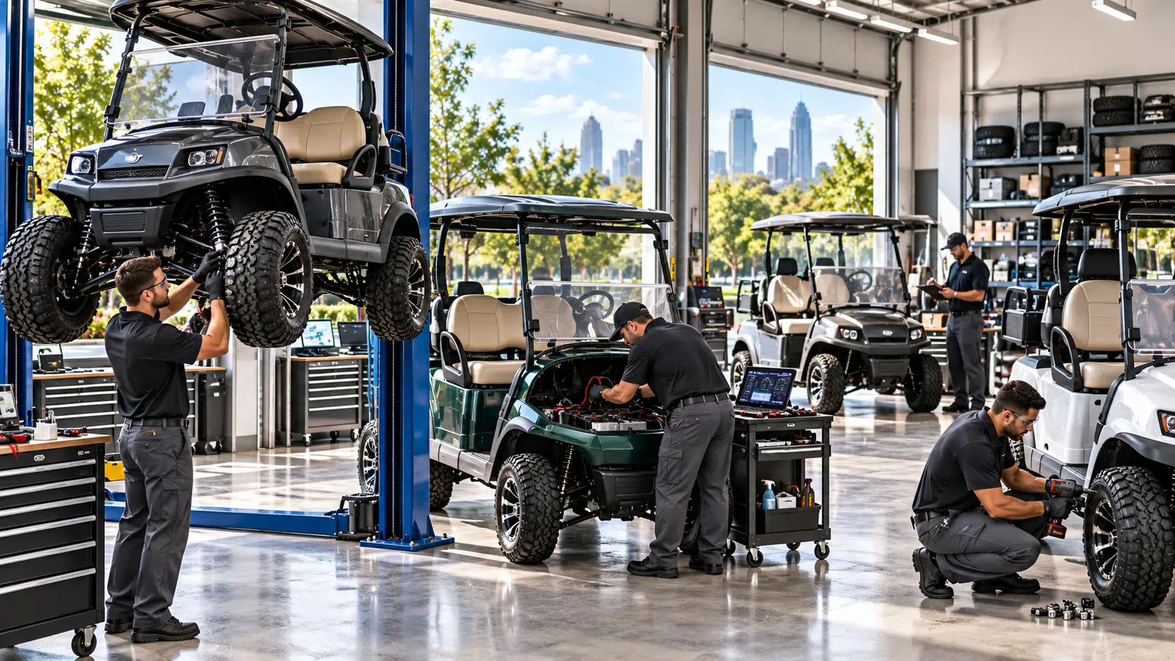 Technician servicing a golf cart in the Golf Carts Atlanta service bay