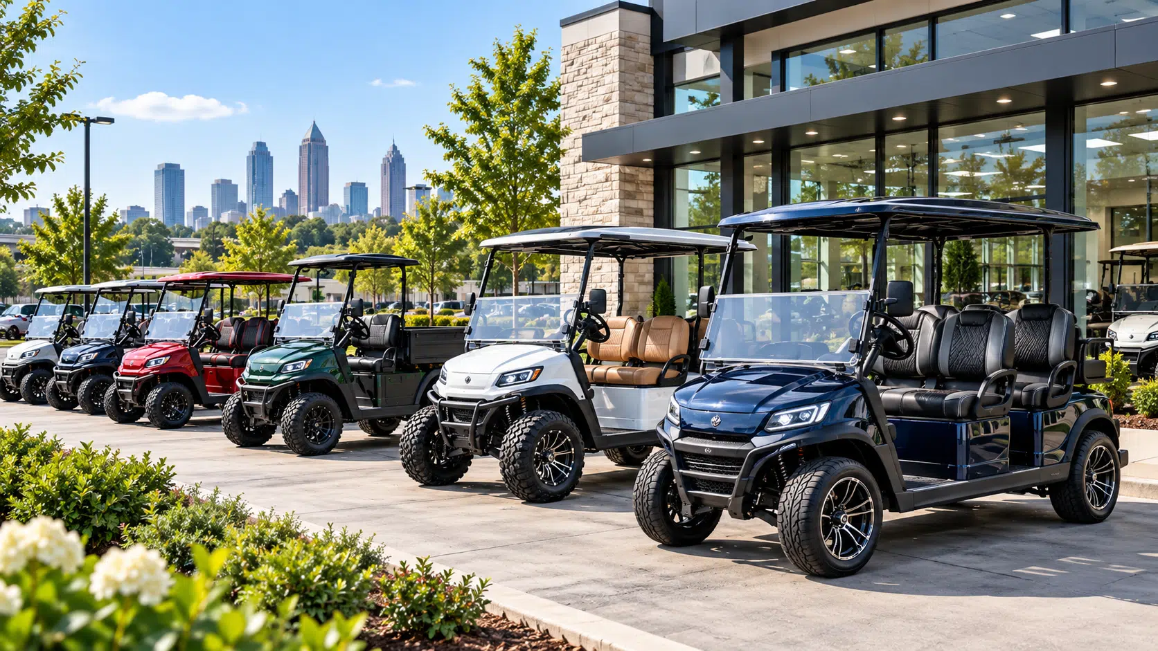Golf cart lineup outside the Golf Carts Atlanta showroom