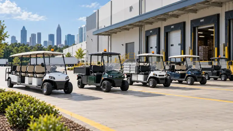 Fleet golf carts lined up at a warehouse loading dock