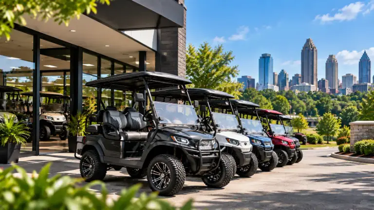 New golf carts lined up at Golf Carts Atlanta