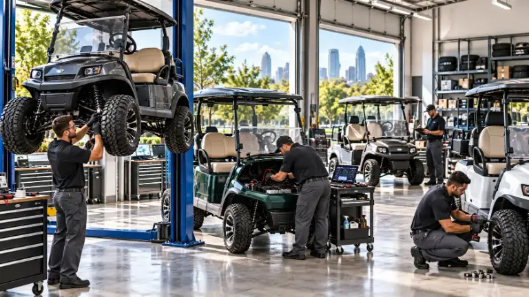 Technicians servicing golf carts in the Golf Carts Atlanta service bay